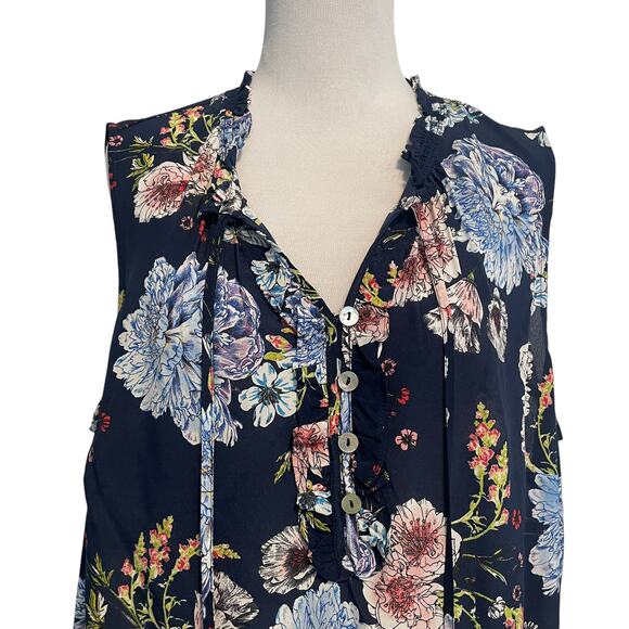 Daniel Rainn 100% Silk Navy Floral Top Womens Size 1X Tasseled Boho Tank - Picture 3 of 10
